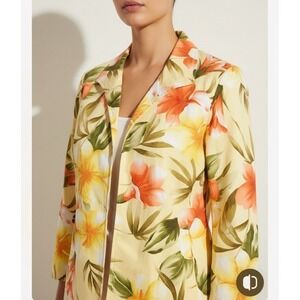 Sunset Cove Floral Blazer Women Size M Yellow Tropical Cotton Stretch Jacket VTG